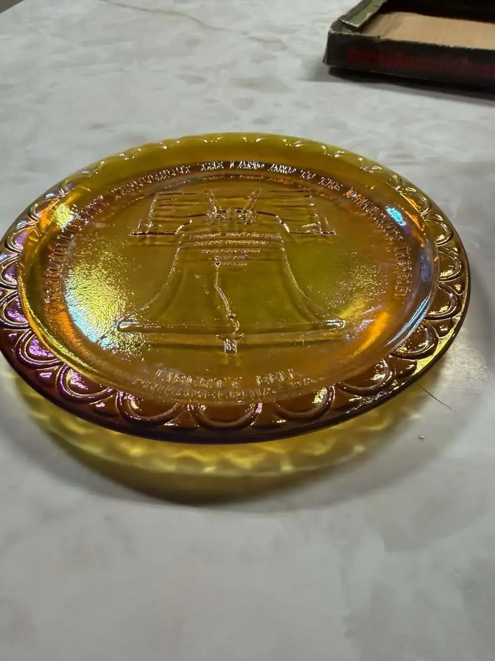 Vintage 1976 Indiana Glass Bicentennial Liberty Bell Marigold Iridescent Carniva